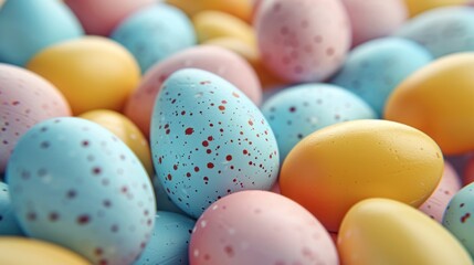 Fototapeta na wymiar a pile of eggs with speckles and colors of blue, yellow, pink, orange, and white eggs in the middle of the eggs are speckled with speckles.
