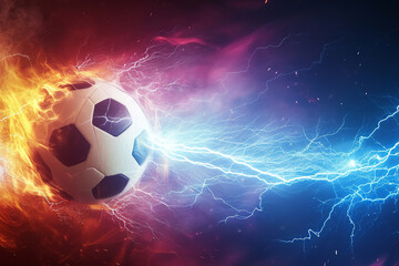 soccer ball with flames and lightning flying on night sky, blue and purple background