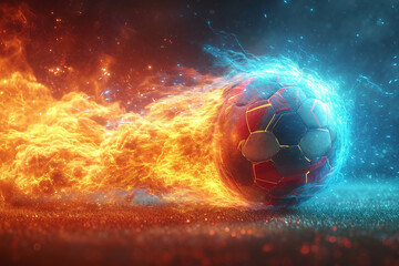 soccer ball with flames and lightning flying like a comet on night sky, blue and orange background