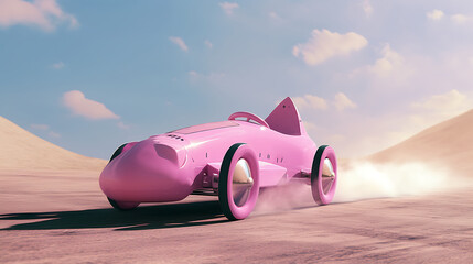 A pink soapbox derby car racing down a hill. - obrazy, fototapety, plakaty