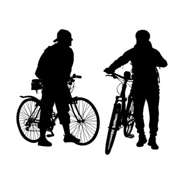 Two cyclists silhouette isolated on white background.Cyclist stopped with a bicycle to speak with friend.Two man stand opposite each other.Male cyclist and hiking men meeting.Stock vector illustration
