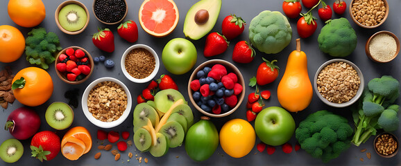 Selection of healthy food. Balanced diet food. Superfoods, various fruits and assorted berries, nuts and seeds, fruit, vegetable. ai