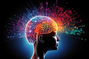 Colored head in the dark, medical illustration, brain photography of the human head, eeg, Biomedical Imaging, MRI guided focused echograph, electroencephalogram type activity, brain food, cerebellum