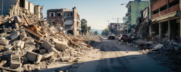 earthquake or destructions land or houses broken on streets. - obrazy, fototapety, plakaty