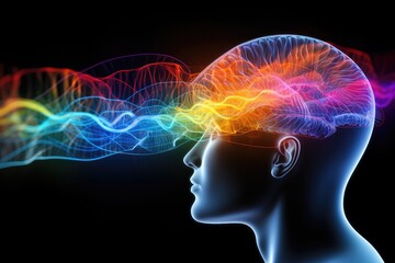 Obraz premium Colored head in the dark, medical illustration, brain photography of the human head, eeg, Biomedical Imaging, MRI guided focused echograph, electroencephalogram type activity, brain food, cerebellum
