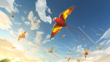 A red and yellow kite racing event in the sky. - obrazy, fototapety, plakaty