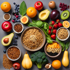 Selection of healthy food. Balanced diet food. Superfoods, various fruits and assorted berries, nuts and seeds, fruit, vegetable. ai