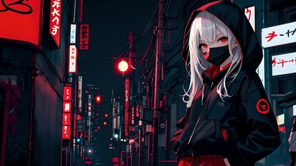 Cute girl in a mask and in a black suit, anime wallpaper, background