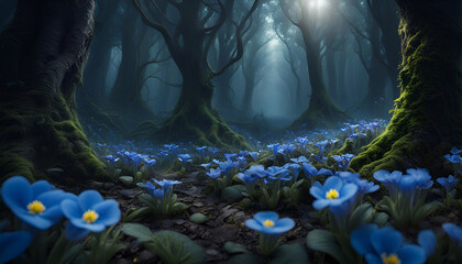 Blue spring flowers grow deep in the ancient dark forest - 714660043