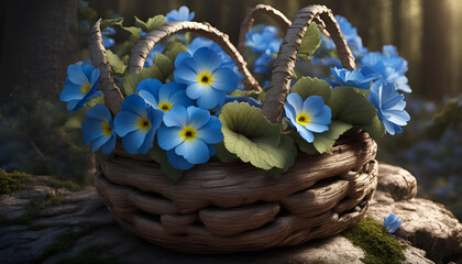 Bouquet of blue spring flowers in a basket among a dark forest - 714660208