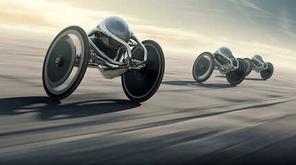 A sleek silver racing wheelchair race. - obrazy, fototapety, plakaty