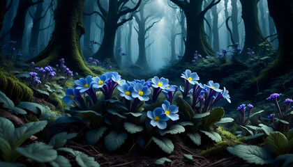 Close-up of blue spring flowers growing in the depths of a dark forest - 714660244