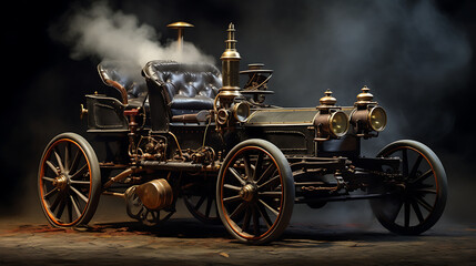 A vintage black and white steam-powered car from the 1800s. - obrazy, fototapety, plakaty