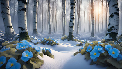 Close-up of blue spring flowers on snow in a light birch forest - 714660285
