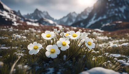White spring flowers grow in a meadow among the snow in the mountains - 714660404