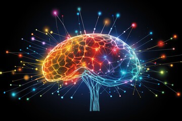 Colorful Brain Neuron synapses, neurotransmitters in cortex, neuroplasticity plasticity, cognitive functions contributing consciousness, intelligence, gray matter, hippocampus prefrontal cortex mind