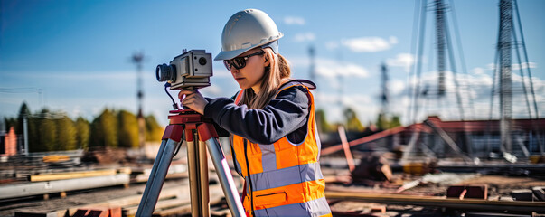 Surveyor site Engineer with helmet and theodolite equipment for construction buildings. copyspace for your text.