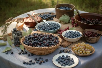 Bountiful blueberry harvest: table full of fresh and vibrant berries, packed with health benefits and delightful flavors. Generative AI
