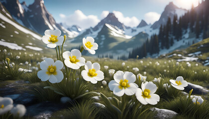 White spring flowers grow in a meadow in the snowy mountains - 714660436