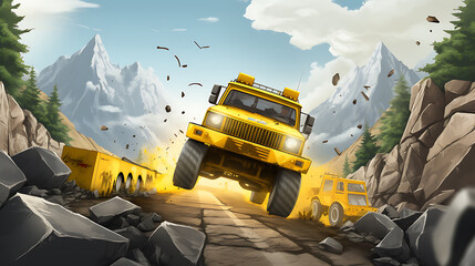 A yellow cargo truck racing in a rally. - obrazy, fototapety, plakaty