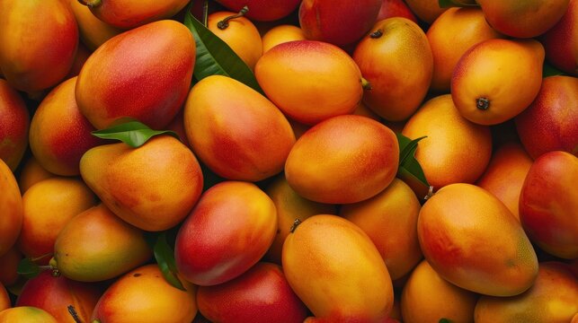  a close up of a pile of mangoes with leaves on the top of the mangoes and the top of the mangoes on the bottom of the mangoes.