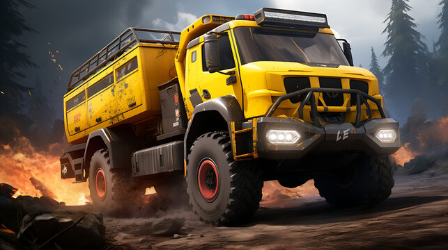 A yellow cargo truck racing in a rally.