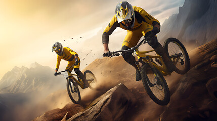 A yellow mountain bike downhill racing event. - obrazy, fototapety, plakaty