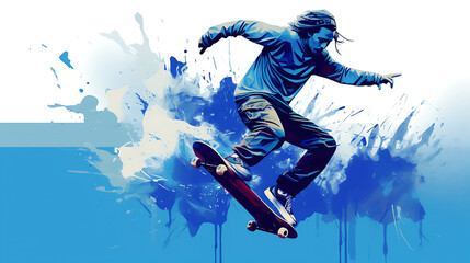 An image of a blue skateboarder performing tricks in a skate park. - obrazy, fototapety, plakaty