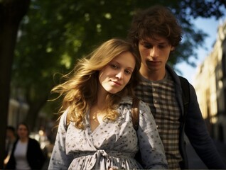 Fototapeta premium a young pregnant girl, with a frightened look, and a young man carefully holding her hand, street style, walk along the alley of a park bathed in the spring sun