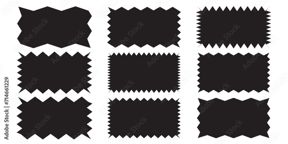 Poster torn shape pieces set. set of black jagged paper square. zig zag edge rectangle shape collection. ja