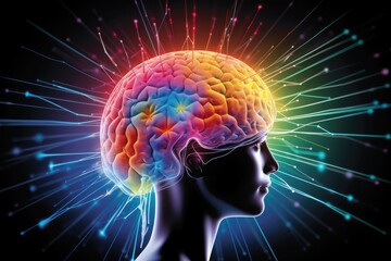 Colourful human brain cognitive Power, 3D Rendered illustrative ai artwork, thoughtful motley brain plasticity and brain waves in color dust, thoughtful neural circuit at brain training and learning