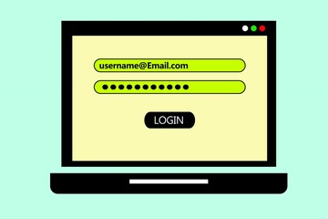 Laptop screen displaying login page with user name and password fields on a simple pasted background.