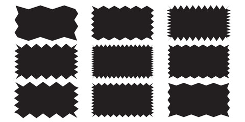 Torn shape pieces set. Set of black jagged paper square. Zig zag edge rectangle shape collection. Jagged rectangular elements set. 
