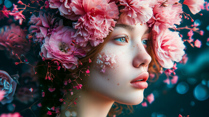 Young Woman with Artistic Makeup and Flowers, Glamour Fashion Set, Flourishing, Natural Organic Beauty. Wellness, Mindfulness, Sensuality. Connection to the Environment, Sustainability, Balance. 