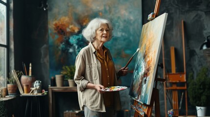 Elderly cheerful artist woman 50 years old wears casual clothes stand near easel with painting artwork paint hold palette with brush spend free spare time in living room indoor. Leisure hobby concept. - obrazy, fototapety, plakaty