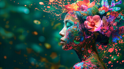 Young Woman with Artistic Makeup and Flowers, Glamour Fashion Set, Flourishing, Natural Organic Beauty. Wellness, Mindfulness, Sensuality. Connection to the Environment, Sustainability, Balance.  - obrazy, fototapety, plakaty