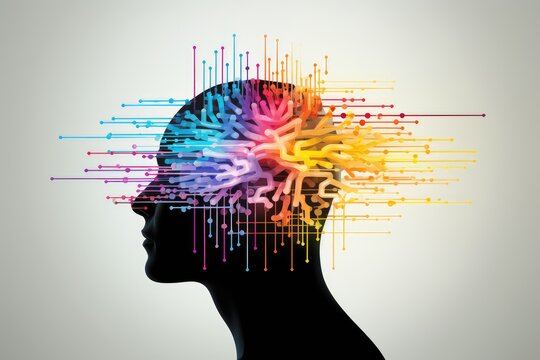 Colourful human brain cognitive Power, 3D Rendered illustrative ai artwork, thoughtful motley brain plasticity and brain waves in color dust, thoughtful neural circuit at brain training and learning
