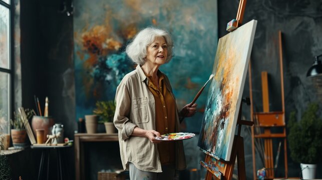 Elderly cheerful artist woman 50 years old wears casual clothes stand near easel with painting artwork paint hold palette with brush spend free spare time in living room indoor. Leisure hobby concept.