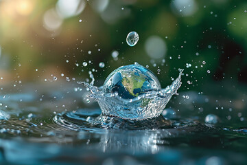 Globle world dropping in a water, concept for water pullation and conservative  - obrazy, fototapety, plakaty