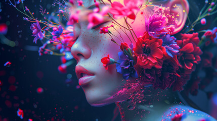 Young Woman with Artistic Makeup and Flowers, Glamour Fashion Set, Flourishing, Natural Organic Beauty. Wellness, Mindfulness, Sensuality. Connection to the Environment, Sustainability, Balance. 