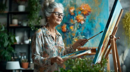 Elderly cheerful artist woman 50 years old wears casual clothes stand near easel with painting artwork paint hold palette with brush spend free spare time in living room indoor. Leisure hobby concept.