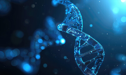 dna. abstract 3d polygonal wireframe dna molecule helix spiral on blue. medical science, genetic biotechnology, chemistry biology, gene cell concept