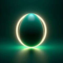 Dark green Easter egg in a luminous circle isolated on a dark green background. Easter holiday concept in minimalism style. Fashion monochromatic composition. Web banner with copy space for design.