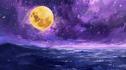 Papier Peint photo Lavable Pleine lune 夜空に輝く満月と星と海の背景画　Generative AI
