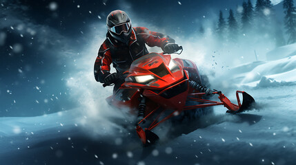 An image of a red snowmobile racing on a snowy trail. - obrazy, fototapety, plakaty