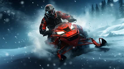 Foto op Plexiglas An image of a red snowmobile racing on a snowy trail. © M. Ateeq