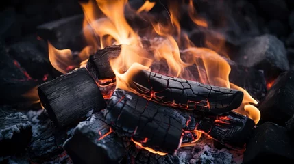 Tuinposter Burning firewood in a campfire, close-up. © Voilla