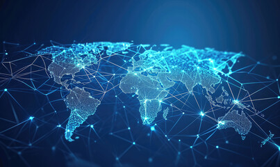 A low-poly map of the world. A grid of lines and points. Blue background.