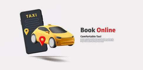 Yellow cab taxi car float in air in front of their smartphones, online taxi services by application on smartphones, black and yellow with red pin - obrazy, fototapety, plakaty