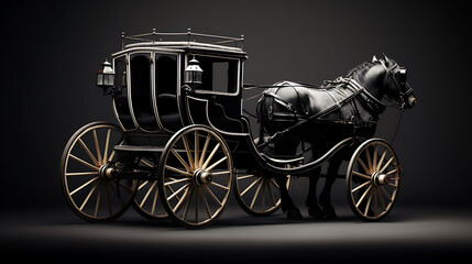 An image of a vintage black and white horse-drawn carriage from the 1800s.